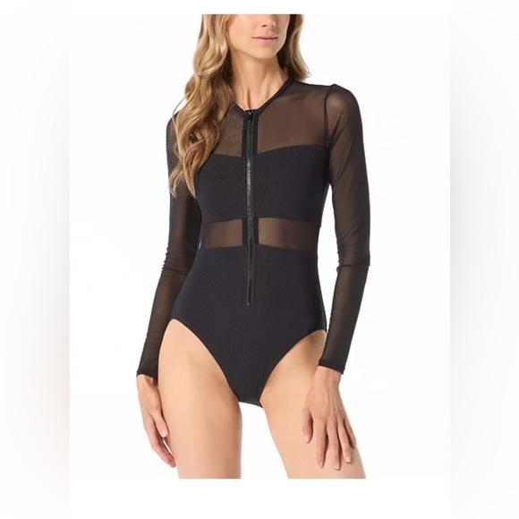 NWT Michael Kors MICHAEL Women's Sheer-Sleeve Rash Guard One-Piece Swimsuit - Picture 1 of 2